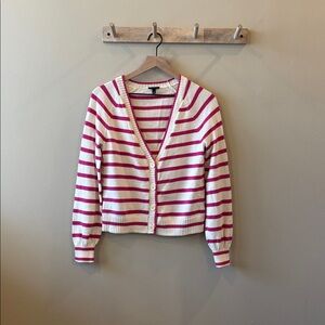 Talbots balloon sleeve, pink and cream striped cardigan
